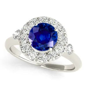 1.35 ct. Genuine Blue Sapphire Ring With Halo Style, Two Side Accent Diamonds