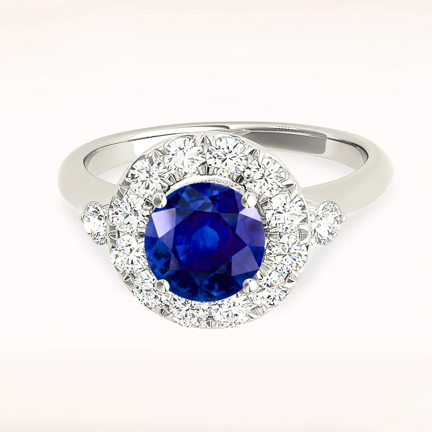 1.35 ct. Genuine Blue Sapphire Ring With Halo Style, Two Side Accent Diamonds