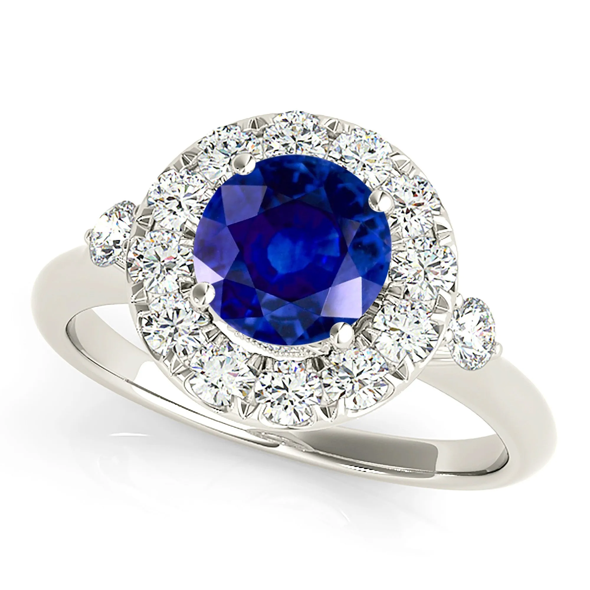 1.35 ct. Genuine Blue Sapphire Ring With Halo Style, Two Side Accent Diamonds