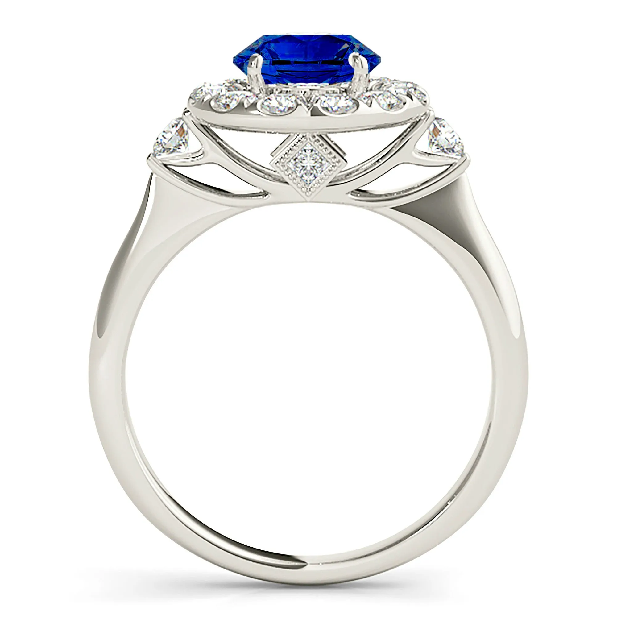 1.35 ct. Genuine Blue Sapphire Ring With Halo Style, Two Side Accent Diamonds