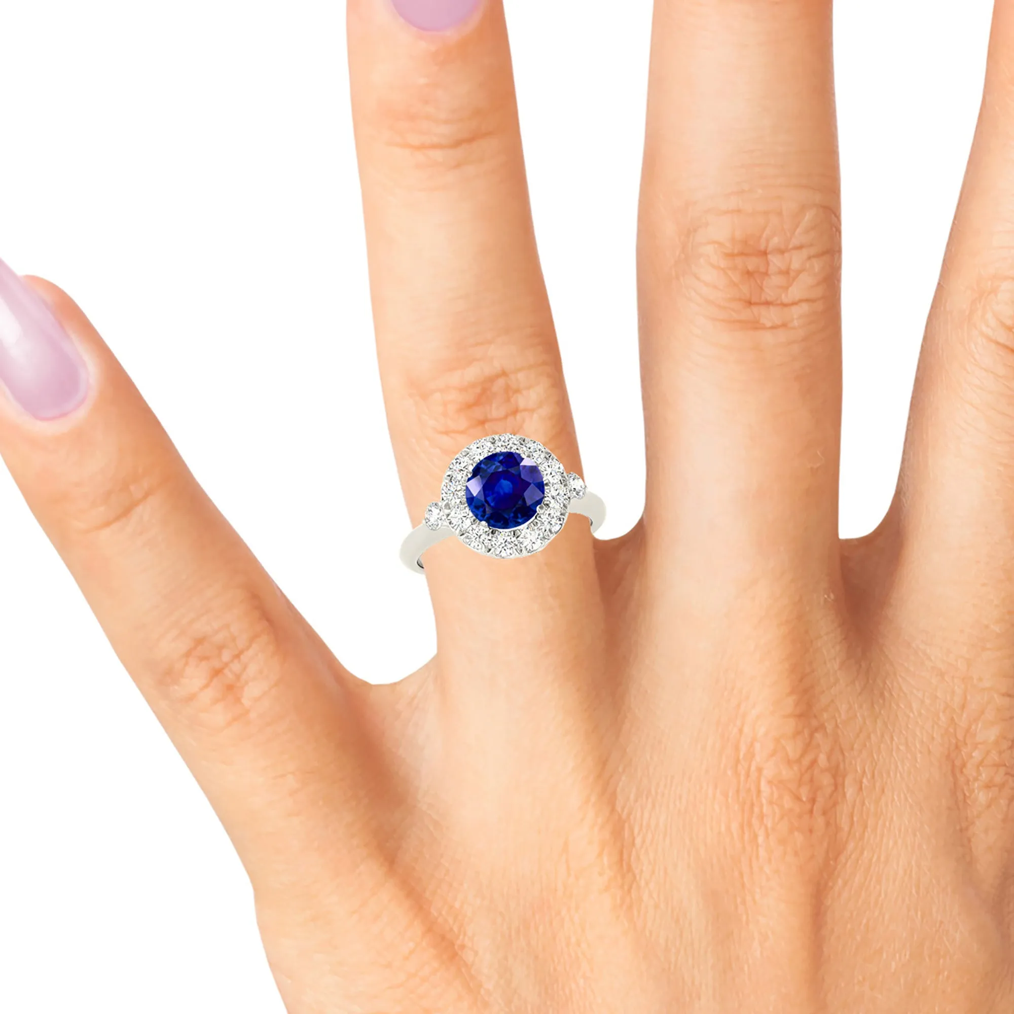 1.35 ct. Genuine Blue Sapphire Ring With Halo Style, Two Side Accent Diamonds