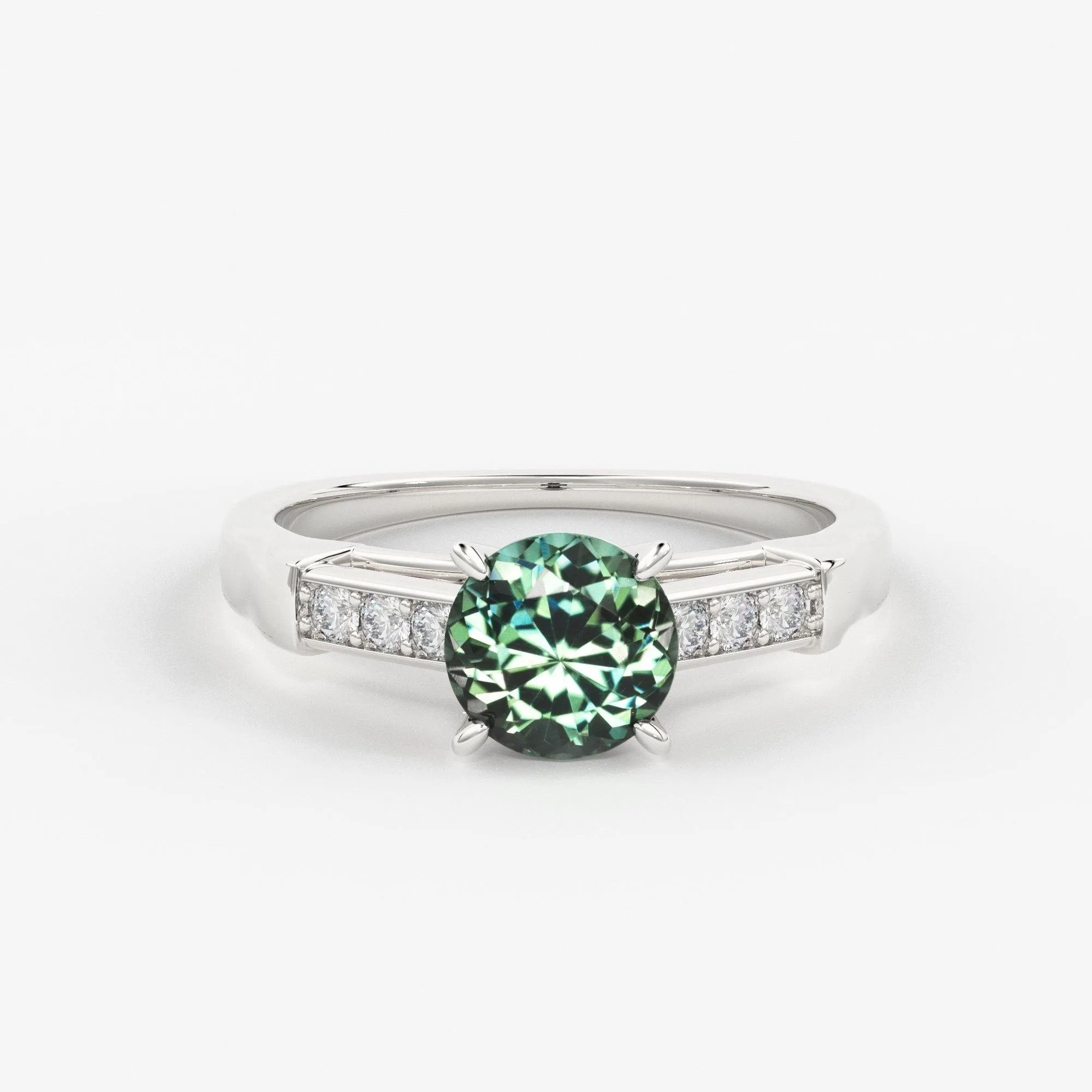 1.412 Carat Round Cut Green Sapphire Luxury Ring / Unique White Gold Sapphire Ring / Engagement Ring / Teal Sapphire Diamond Cocktail Ring
