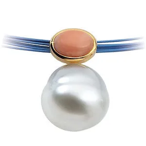 14k White Gold 8X6mm Coral & 12mm South Sea Cultured Circle Pearl Pendant