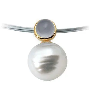 14k Yellow Gold 6mm Blue Chalcedony & South Sea Cultured Circle Pearl Pendant