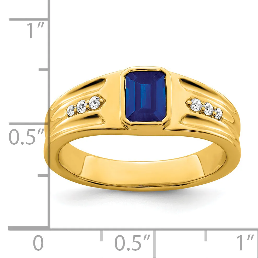 14k Yellow Gold Created Sapphire Stone Diamond Mens Ring.