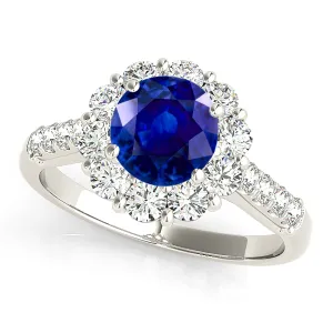 1.80 ct. Genuine Blue Sapphire Halo Ring with 1.00 ctw. Side Diamonds