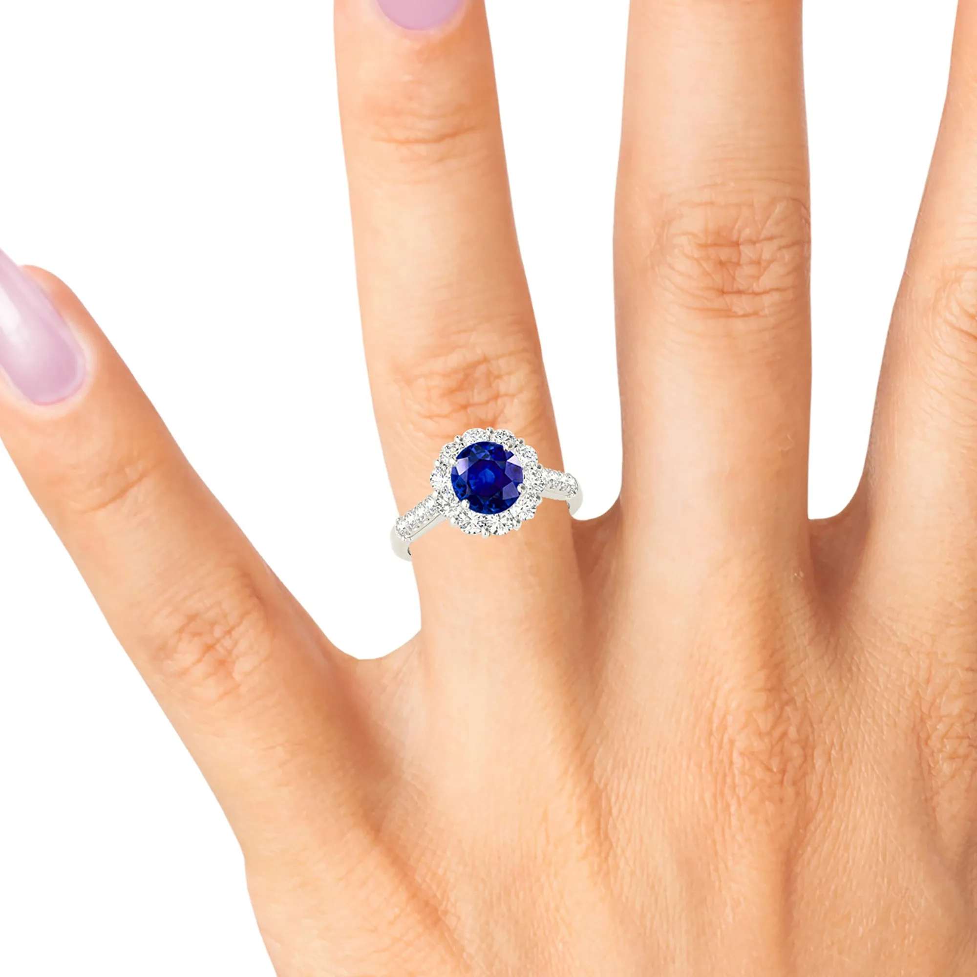 1.80 ct. Genuine Blue Sapphire Halo Ring with 1.00 ctw. Side Diamonds