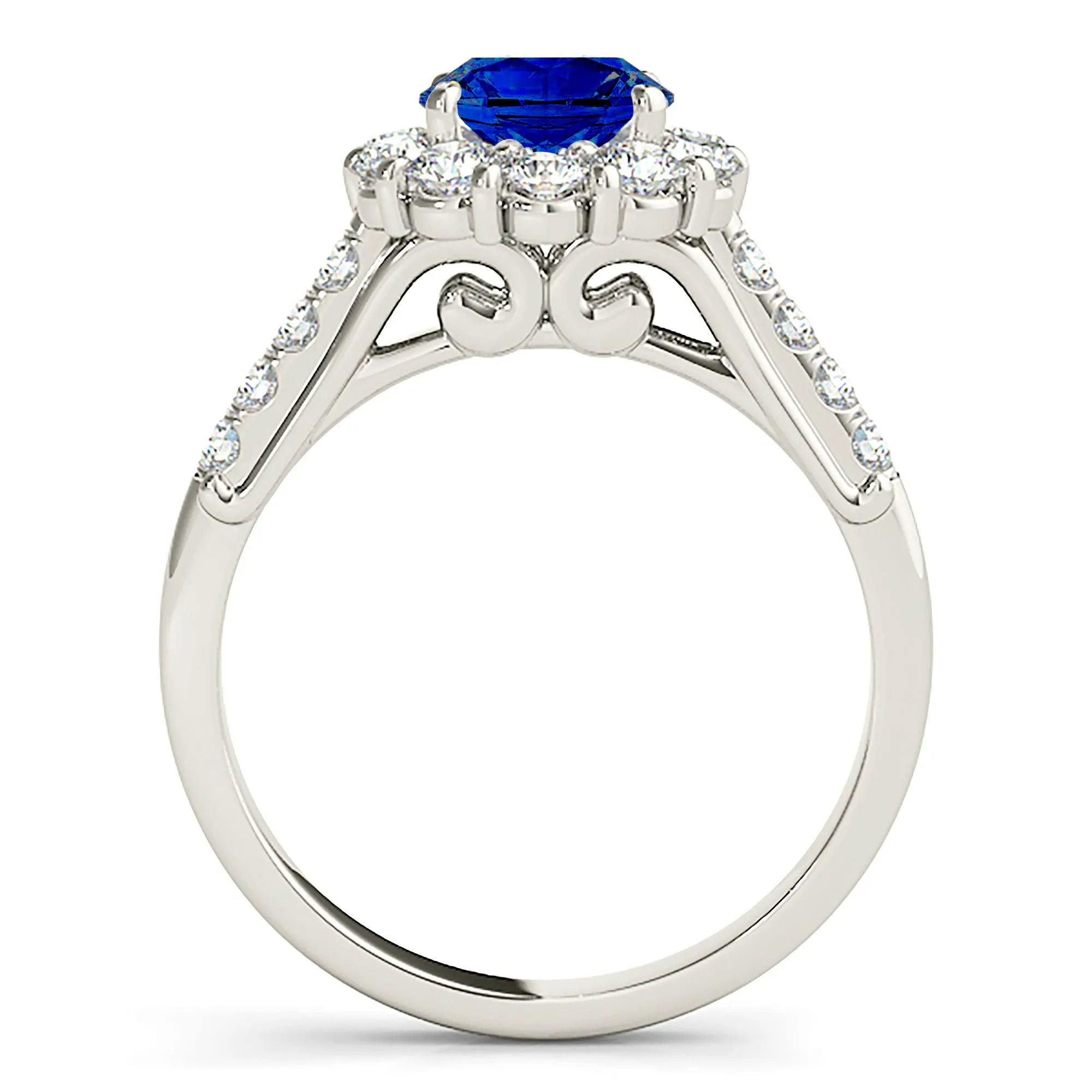 1.80 ct. Genuine Blue Sapphire Halo Ring with 1.00 ctw. Side Diamonds