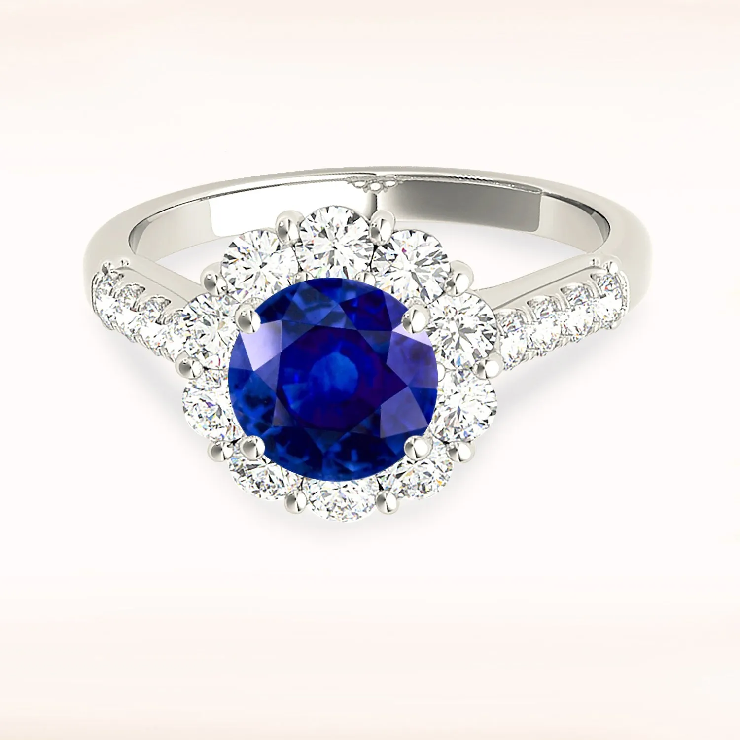1.80 ct. Genuine Blue Sapphire Halo Ring with 1.00 ctw. Side Diamonds