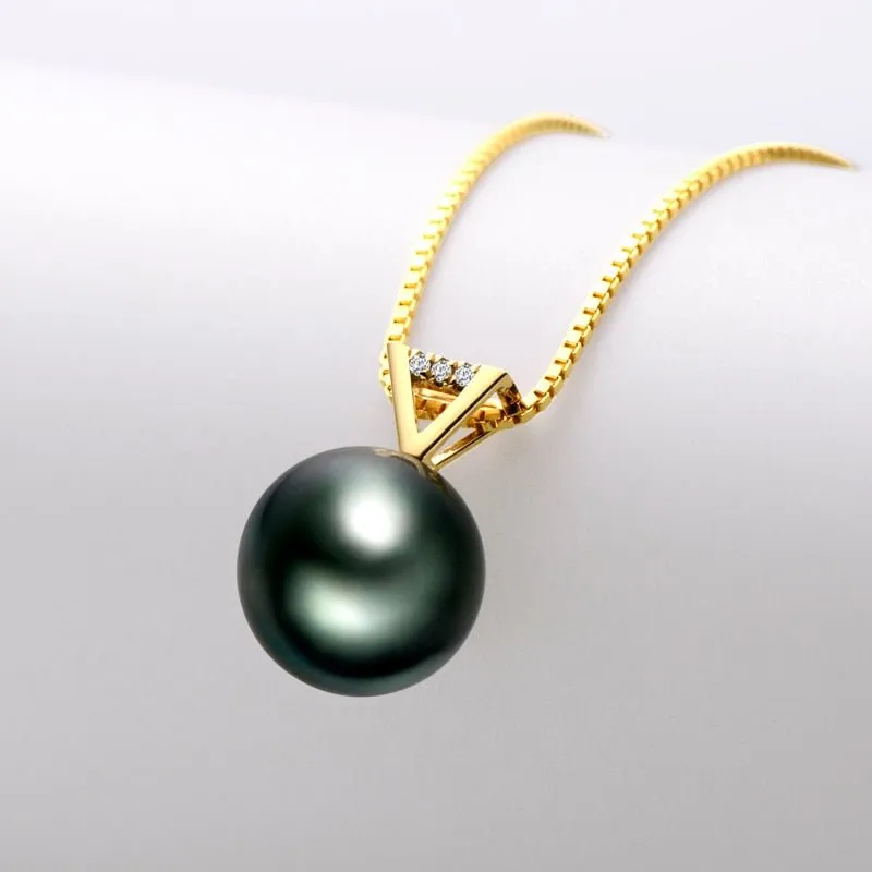 18k Solid Gold Black Pearl Pendant Necklace