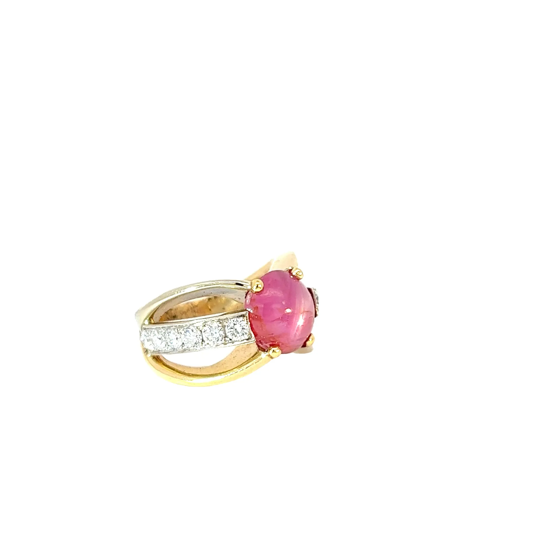 18k Two Toned 7.25ct Double Cabochon Purplish Pink Star Sapphire and 1.50 F VS2 Round diamond ring Certified by GIA # 2171538437