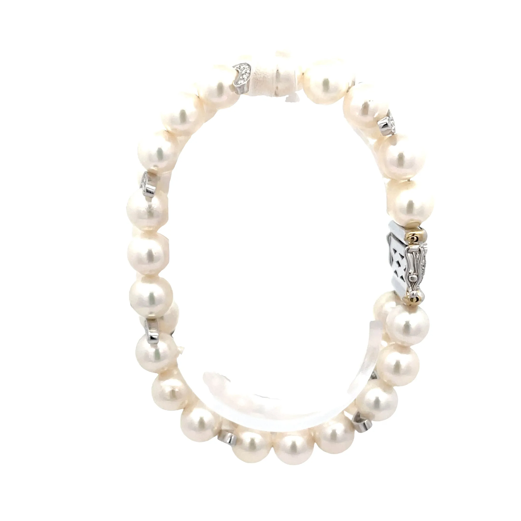 18k White Gold 1.69ct F VS2 Round Diamond and Double Strand 9mm Fresh Water White Pearl bracelet