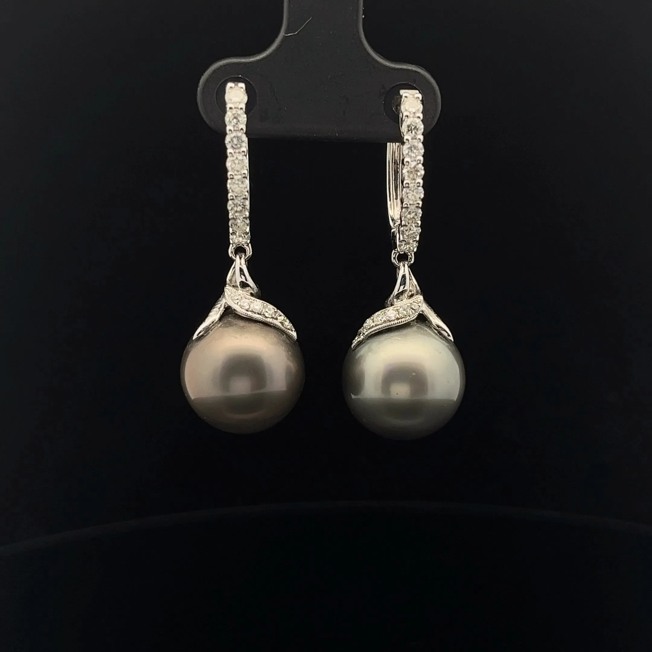18k White Gold .75ct F VS2 Diamond and Tahitian 18mm Pearl Drop Earrings
