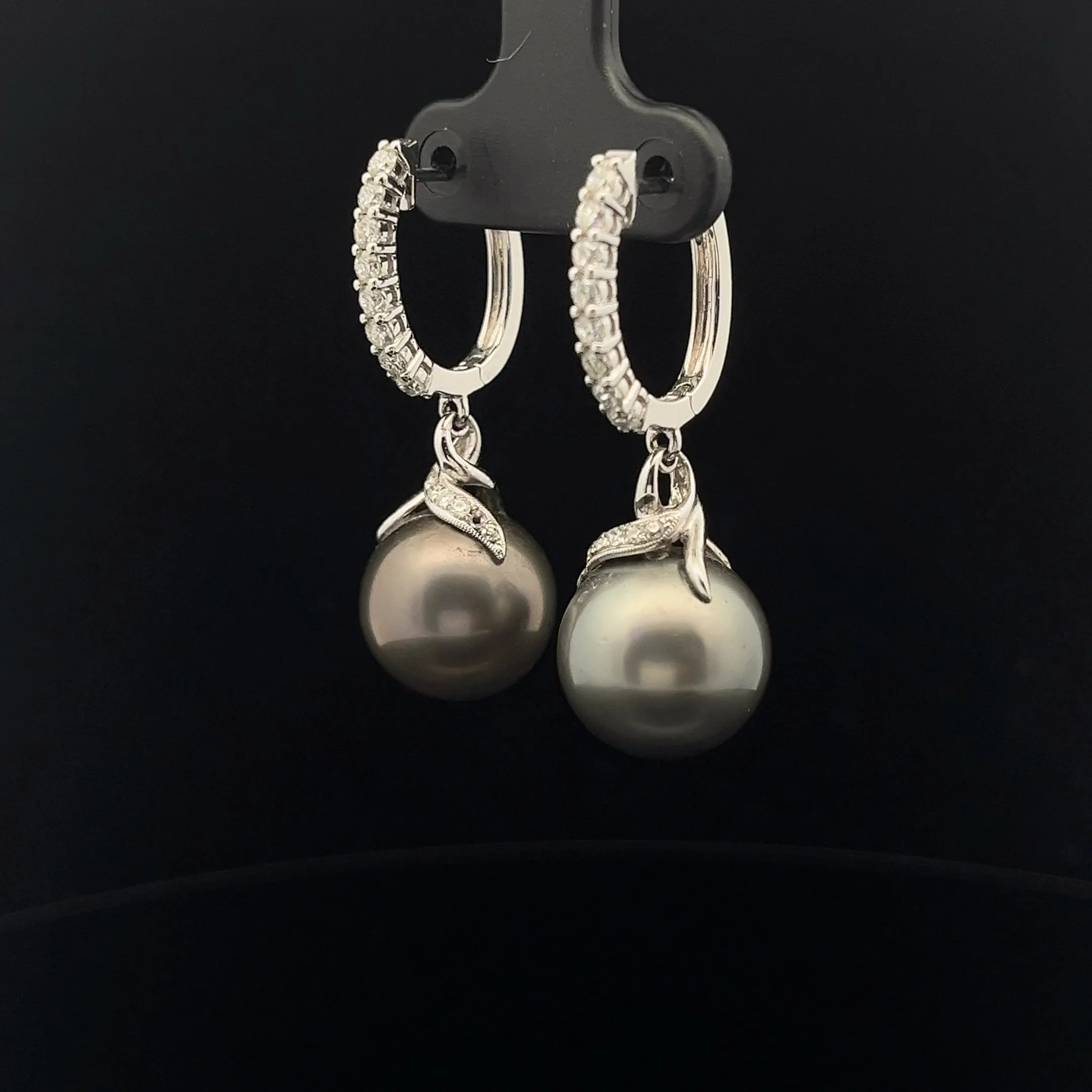 18k White Gold .75ct F VS2 Diamond and Tahitian 18mm Pearl Drop Earrings