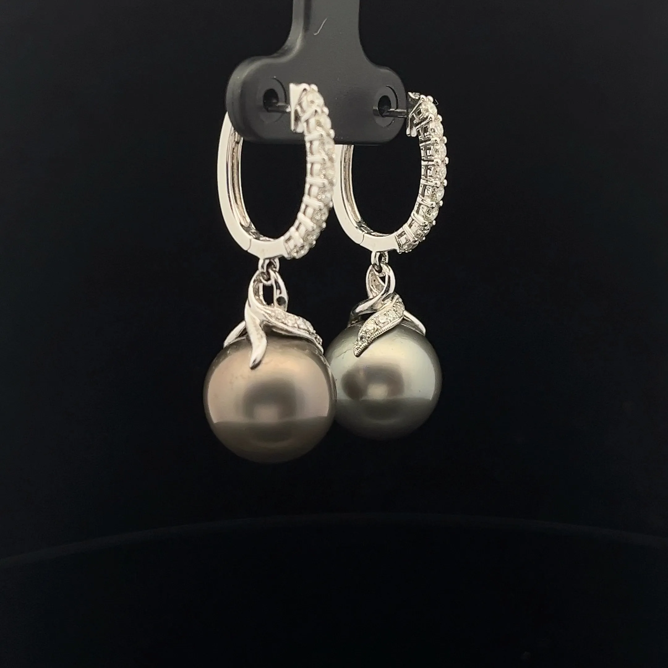 18k White Gold .75ct F VS2 Diamond and Tahitian 18mm Pearl Drop Earrings