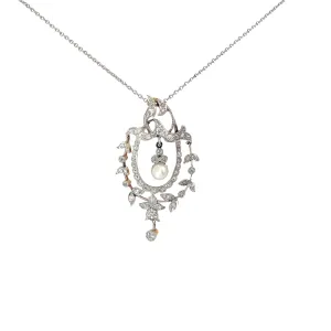 18k White Gold Vintage 1.00ct Round Old Mine Cut Diamond and Fresh Water White Pearl Necklace