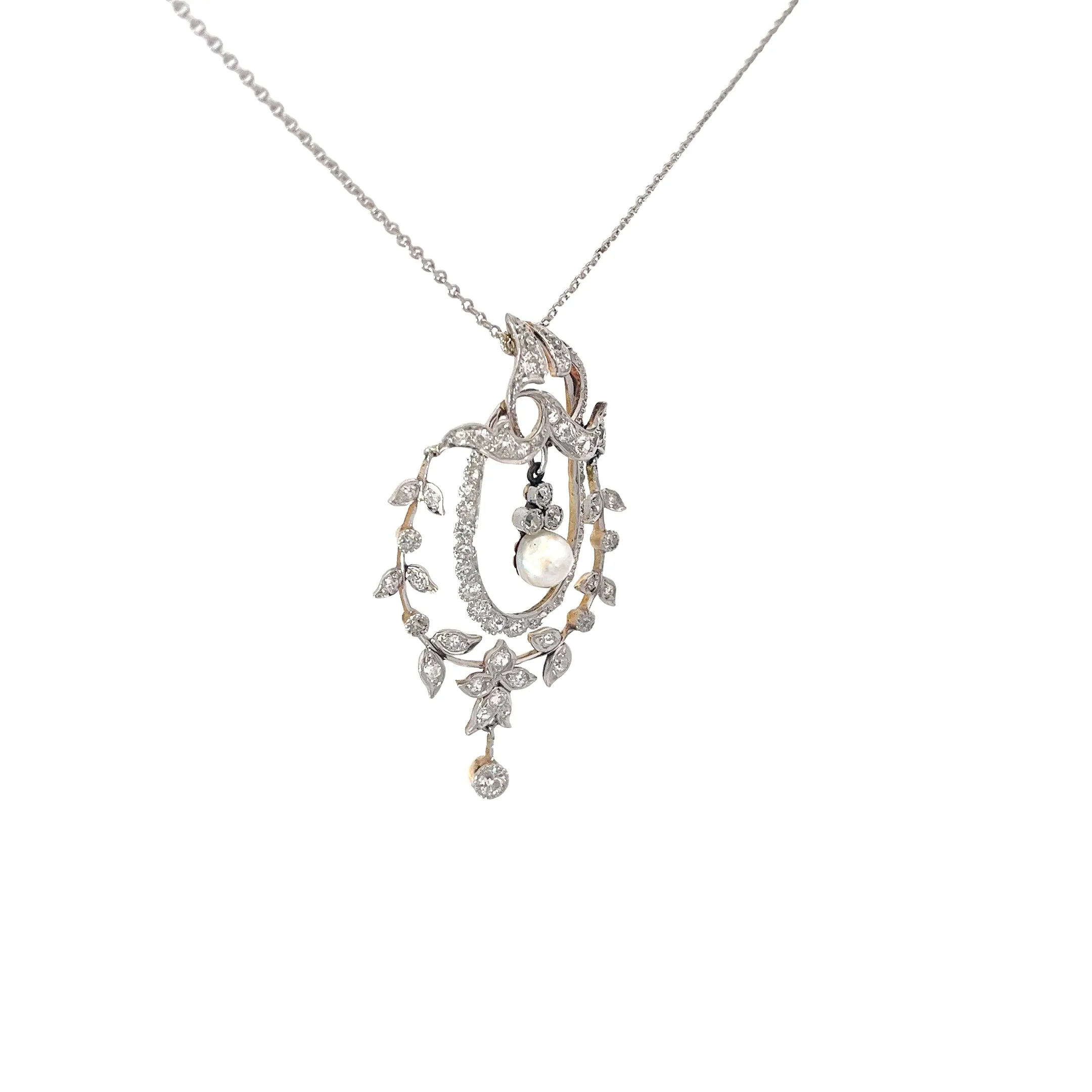 18k White Gold Vintage 1.00ct Round Old Mine Cut Diamond and Fresh Water White Pearl Necklace