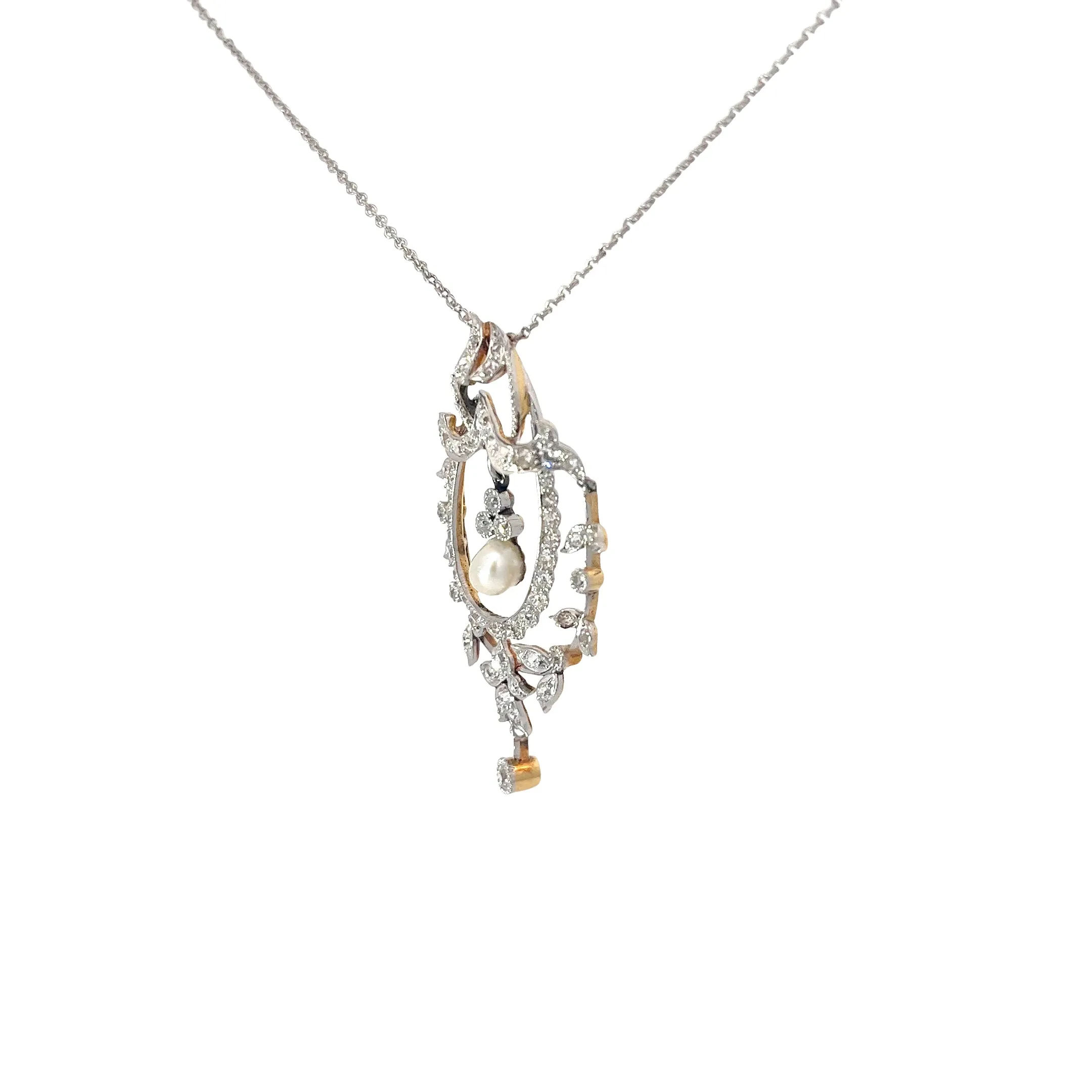 18k White Gold Vintage 1.00ct Round Old Mine Cut Diamond and Fresh Water White Pearl Necklace