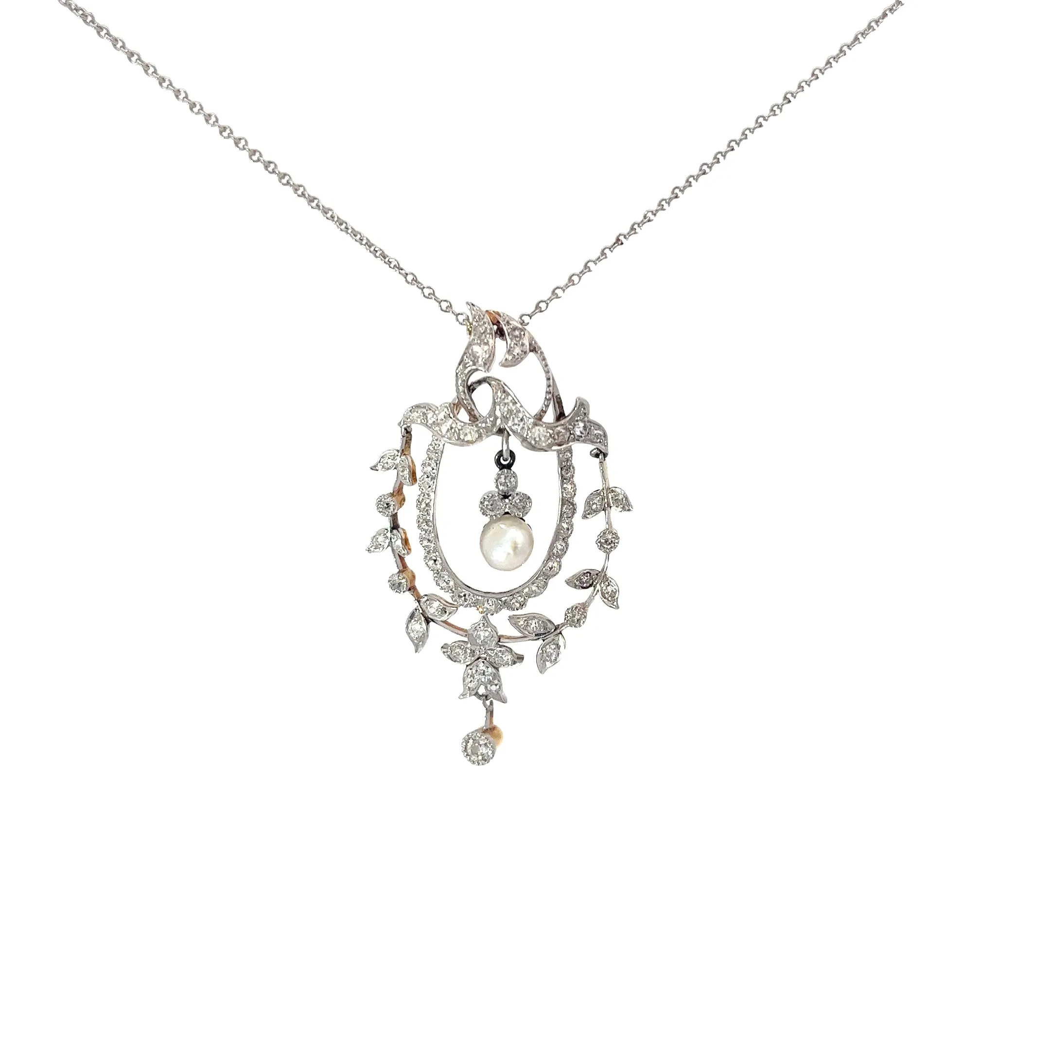 18k White Gold Vintage 1.00ct Round Old Mine Cut Diamond and Fresh Water White Pearl Necklace