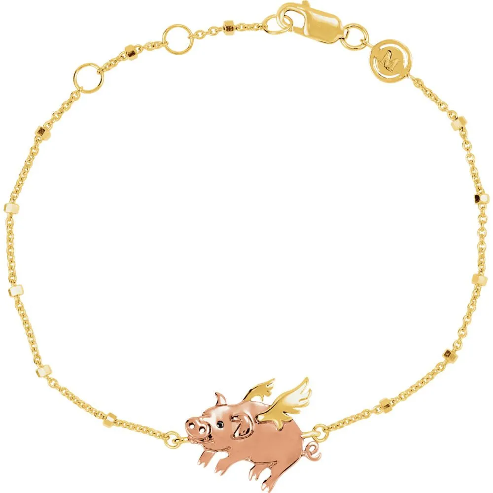 18k Yellow Gold Vermeil Flying Pig 7.5" Bracelet for Luck