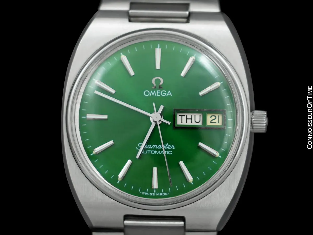 1979 Omega Seamaster Vintage Mens Bracelet Watch with Emerald Green Dial, Automatic, Day Date - Stainless Steel