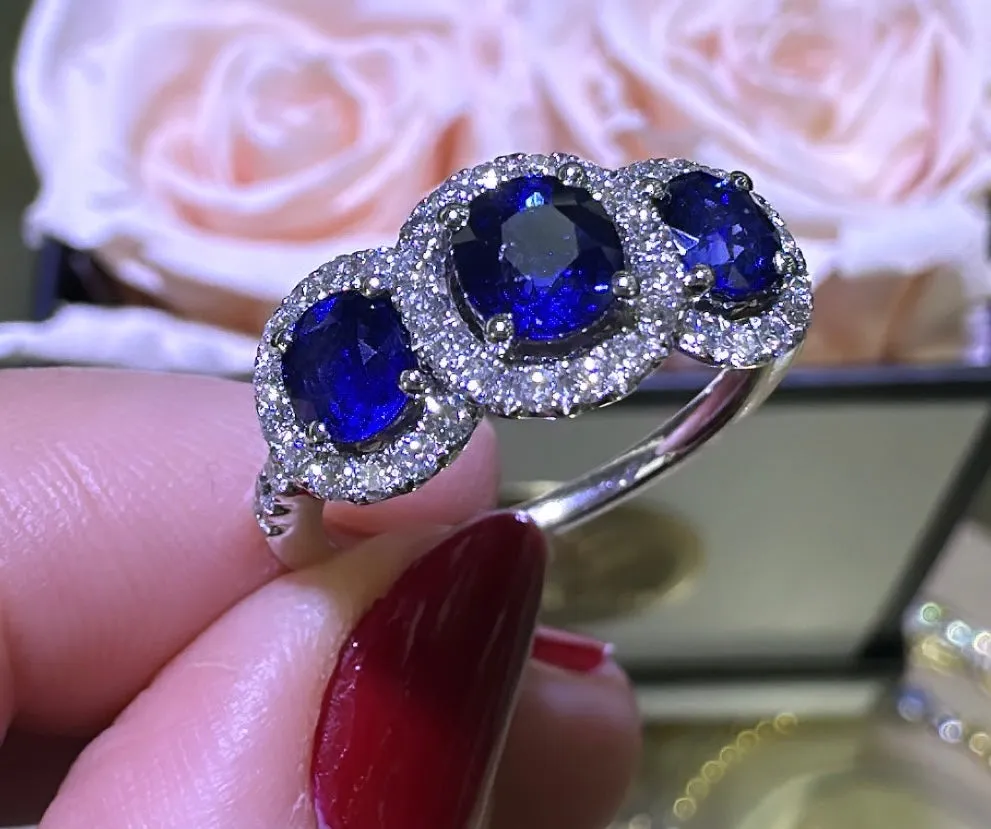 2.32carat Three Stone Royal Blue Sapphire & Diamond Ring