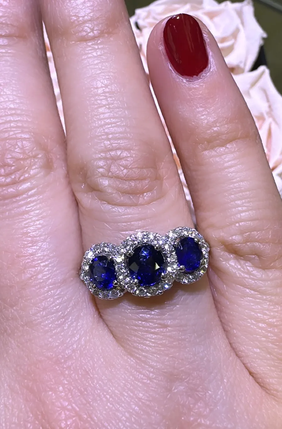2.32carat Three Stone Royal Blue Sapphire & Diamond Ring