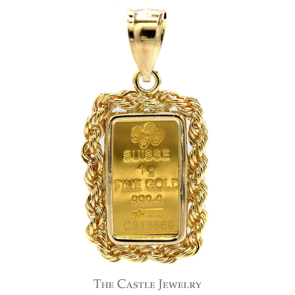 24k Suisse "Lady Fortuna" 1G Fine Gold Bar Pendant with Rope Bezel in 14k Yellow Gold