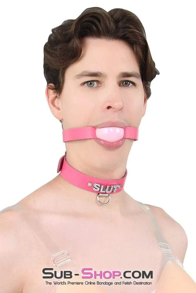 2541A-SIS      Sissy Boi Bitch Hot Pink Classic Leather Ball Gag Dominant Woman Strap, Candy Pop Pink Ball
