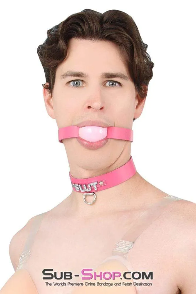 2541A-SIS      Sissy Boi Bitch Hot Pink Classic Leather Ball Gag Dominant Woman Strap, Candy Pop Pink Ball