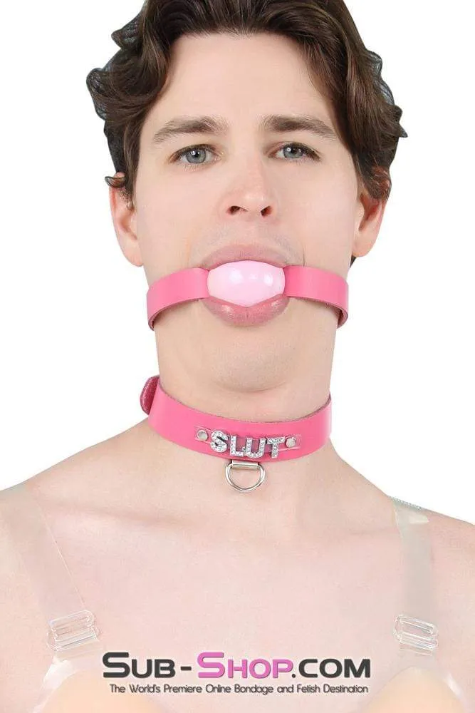 2541A-SIS      Sissy Boi Bitch Hot Pink Classic Leather Ball Gag Dominant Woman Strap, Candy Pop Pink Ball