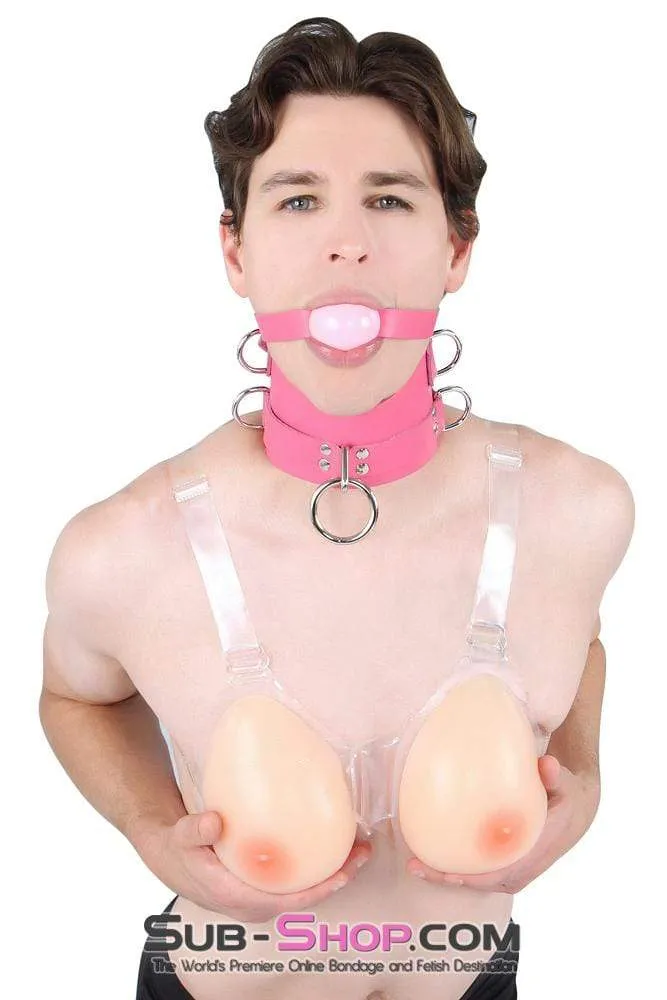2541A-SIS      Sissy Boi Bitch Hot Pink Classic Leather Ball Gag Dominant Woman Strap, Candy Pop Pink Ball