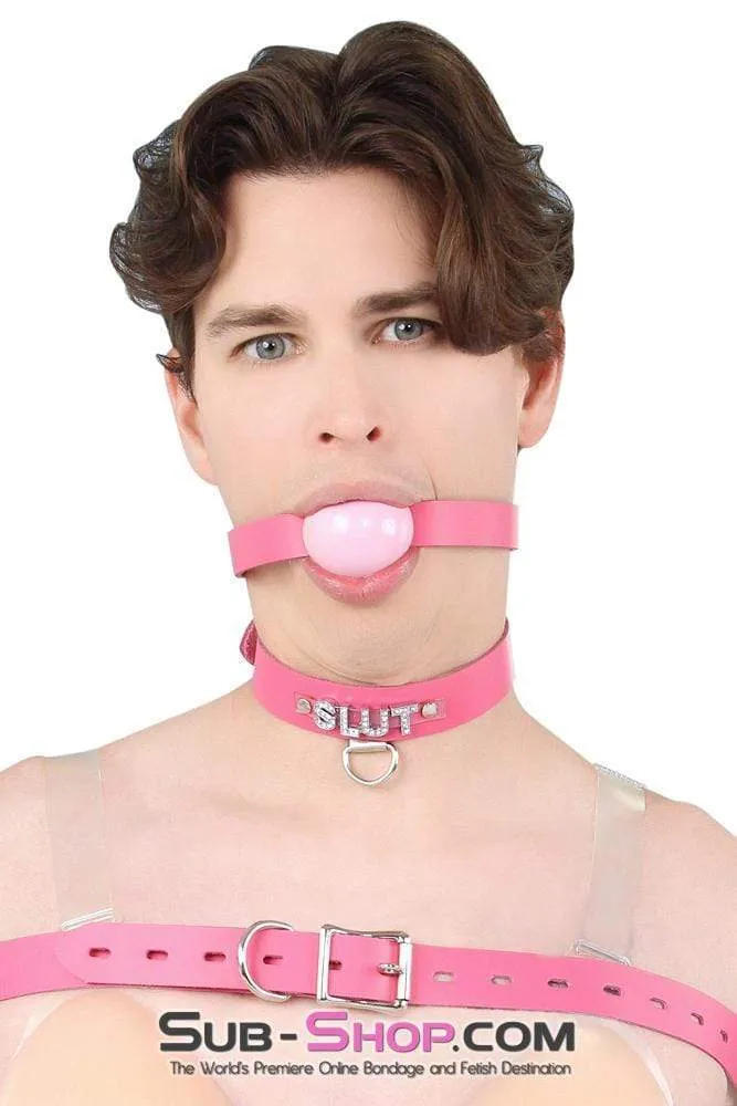 2541A-SIS      Sissy Boi Bitch Hot Pink Classic Leather Ball Gag Dominant Woman Strap, Candy Pop Pink Ball