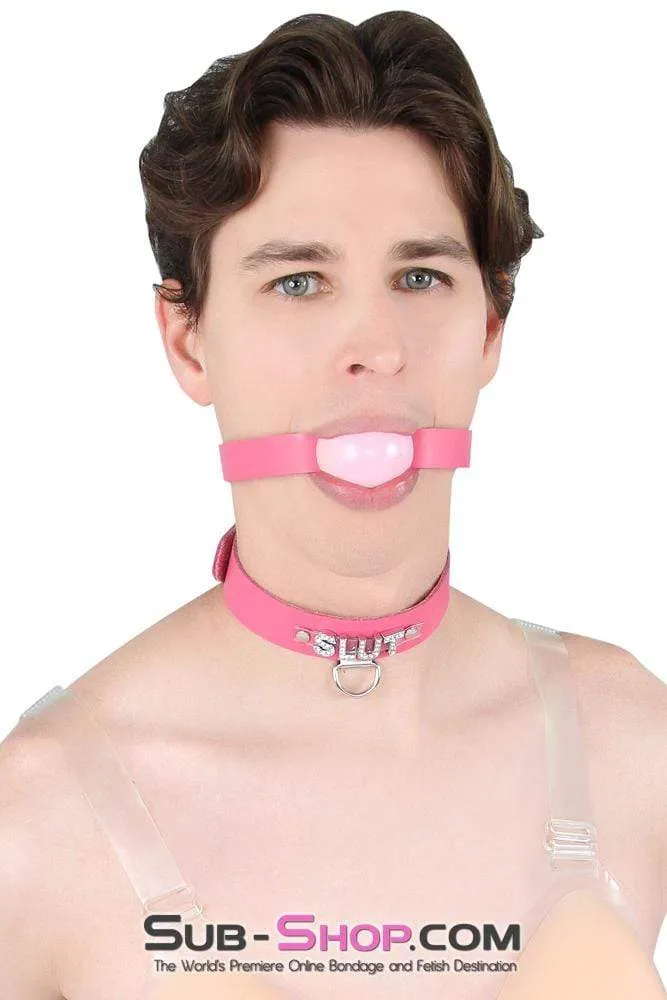 2541A-SIS      Sissy Boi Bitch Hot Pink Classic Leather Ball Gag Dominant Woman Strap, Candy Pop Pink Ball