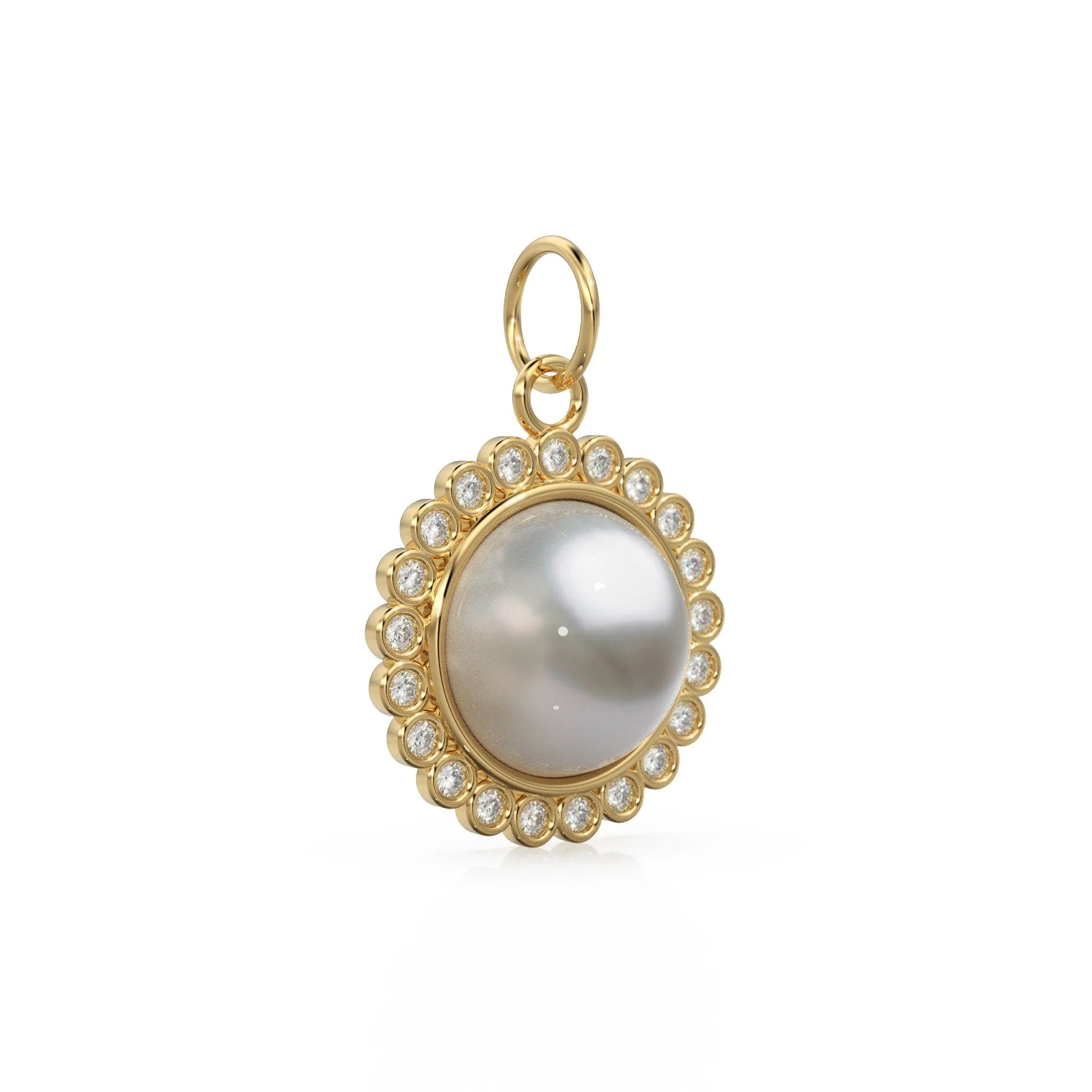 26mm 14K Solid Yellow Gold Diamond Mabe Pearl Round Coin Shape Charm Necklace Pendant