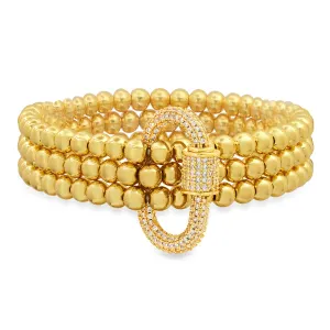 3 CORD STRAND CZ SCREW CARABINER STRETCH BRACELET, GOLD ON GOLD