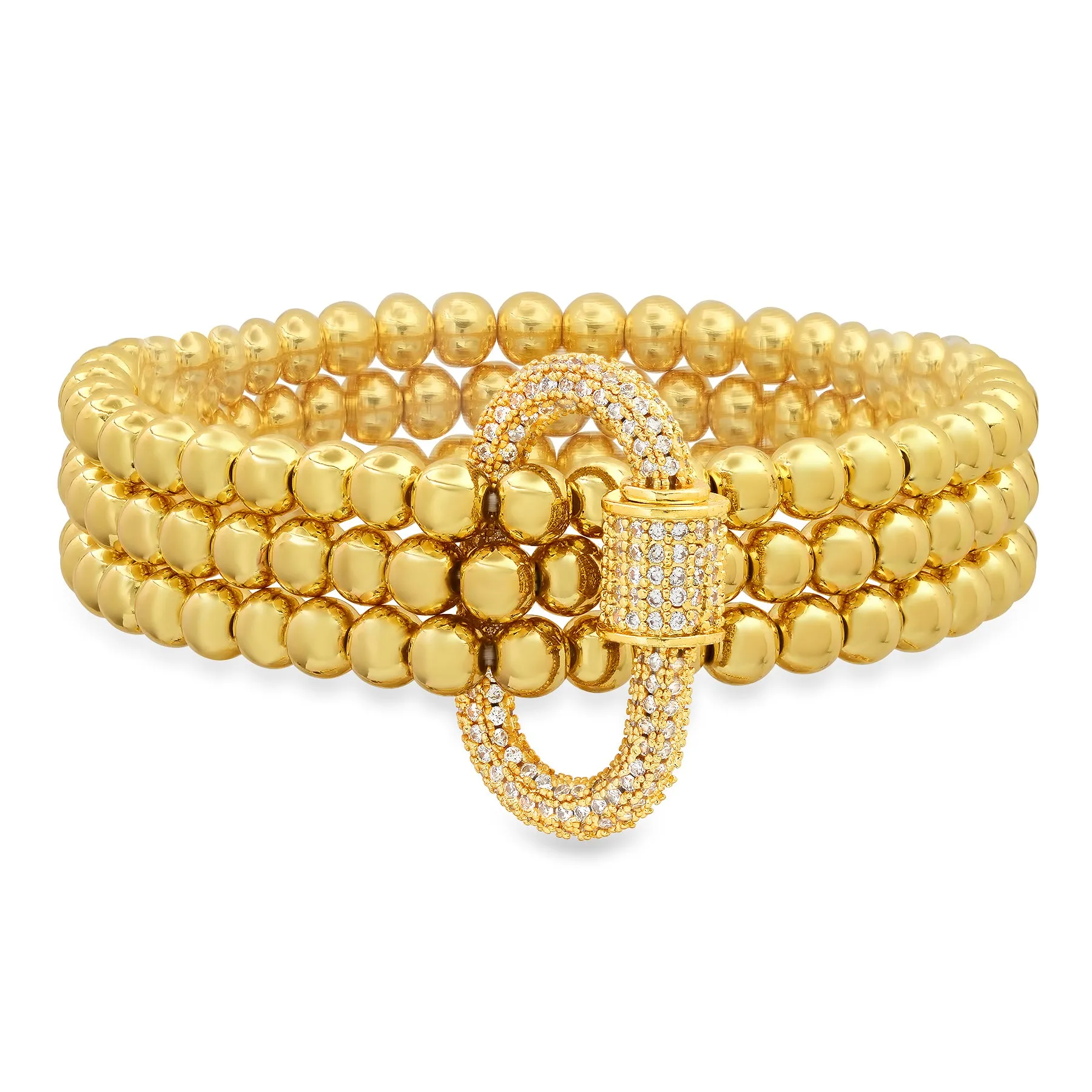 3 CORD STRAND CZ SCREW CARABINER STRETCH BRACELET, GOLD ON GOLD