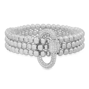 3 CORD STRAND CZ SCREW CARABINER STRETCH BRACELET, SILVER ON SILVER
