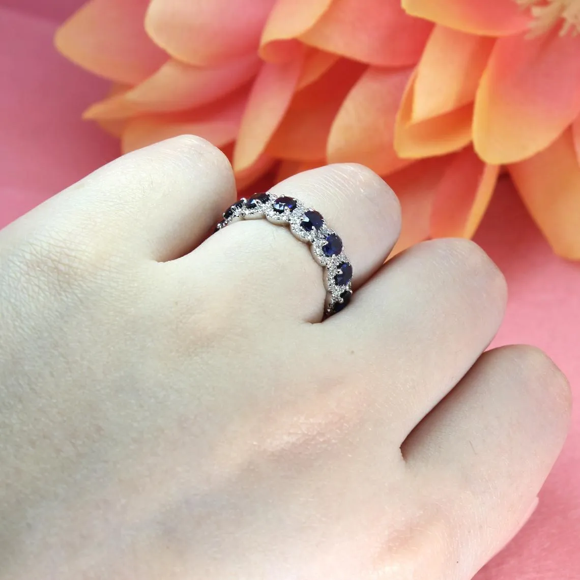 3.05 ct. Genuine Blue Oval Sapphire Eternity Ring