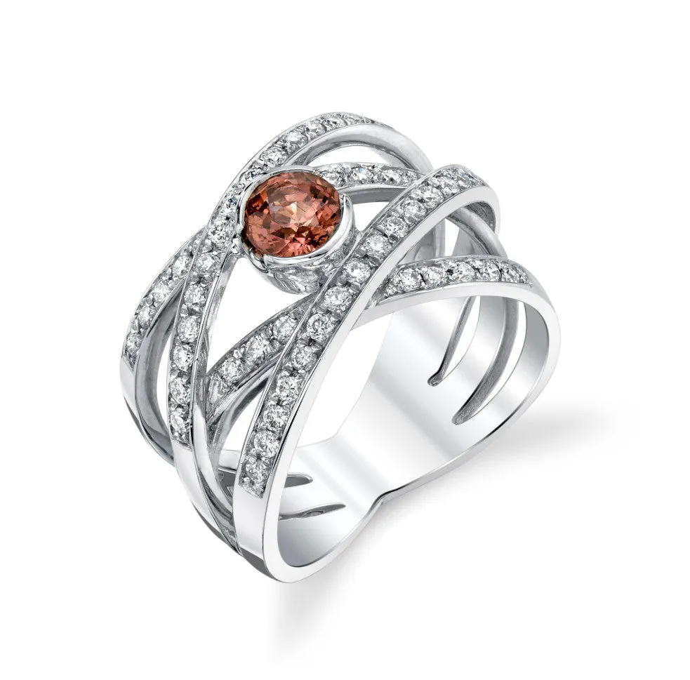 .60 ct. Padparadscha Sapphire, Diamond and White Gold Bezel Wraparound Band Ring