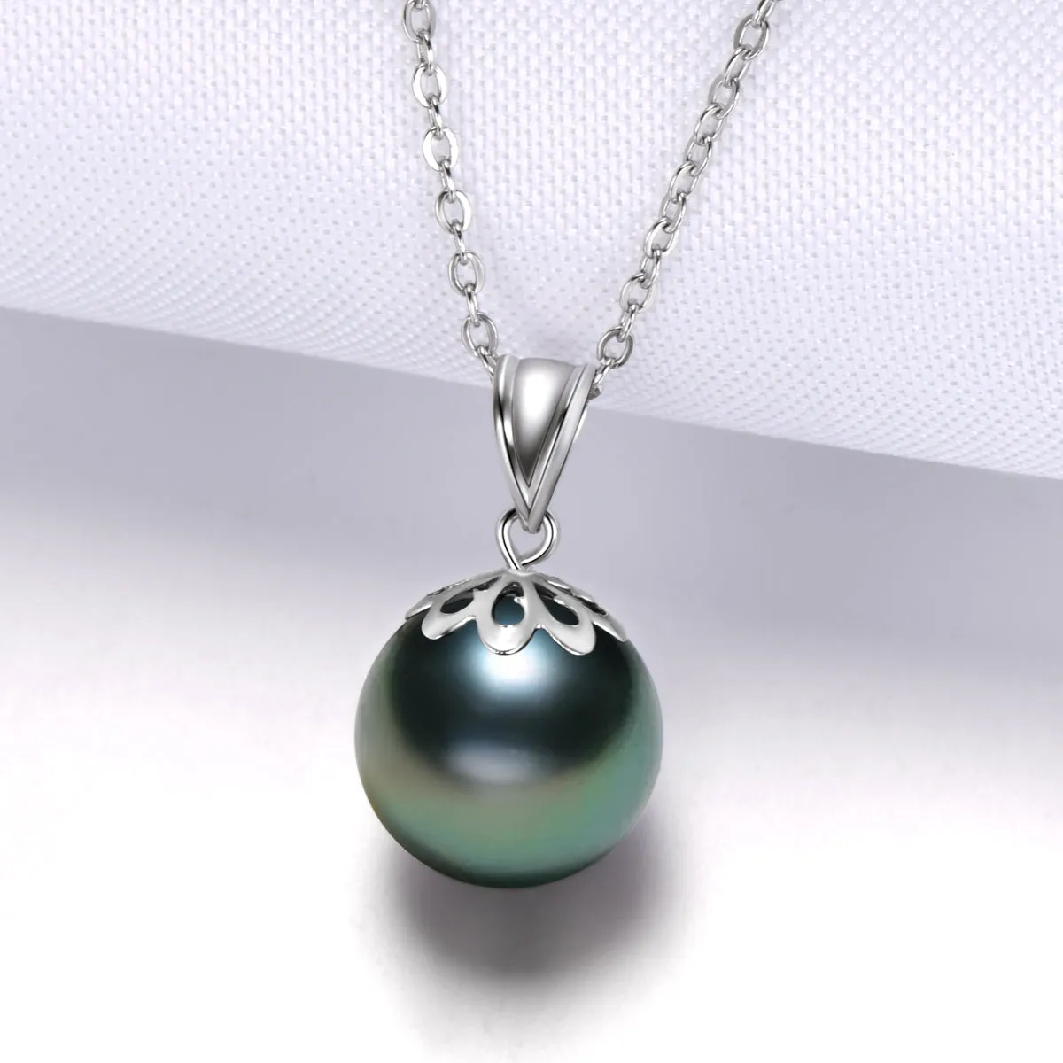 925 Sterling Silver Tahitian Cultured Black Pearl Created White Diamond Pendant Necklace