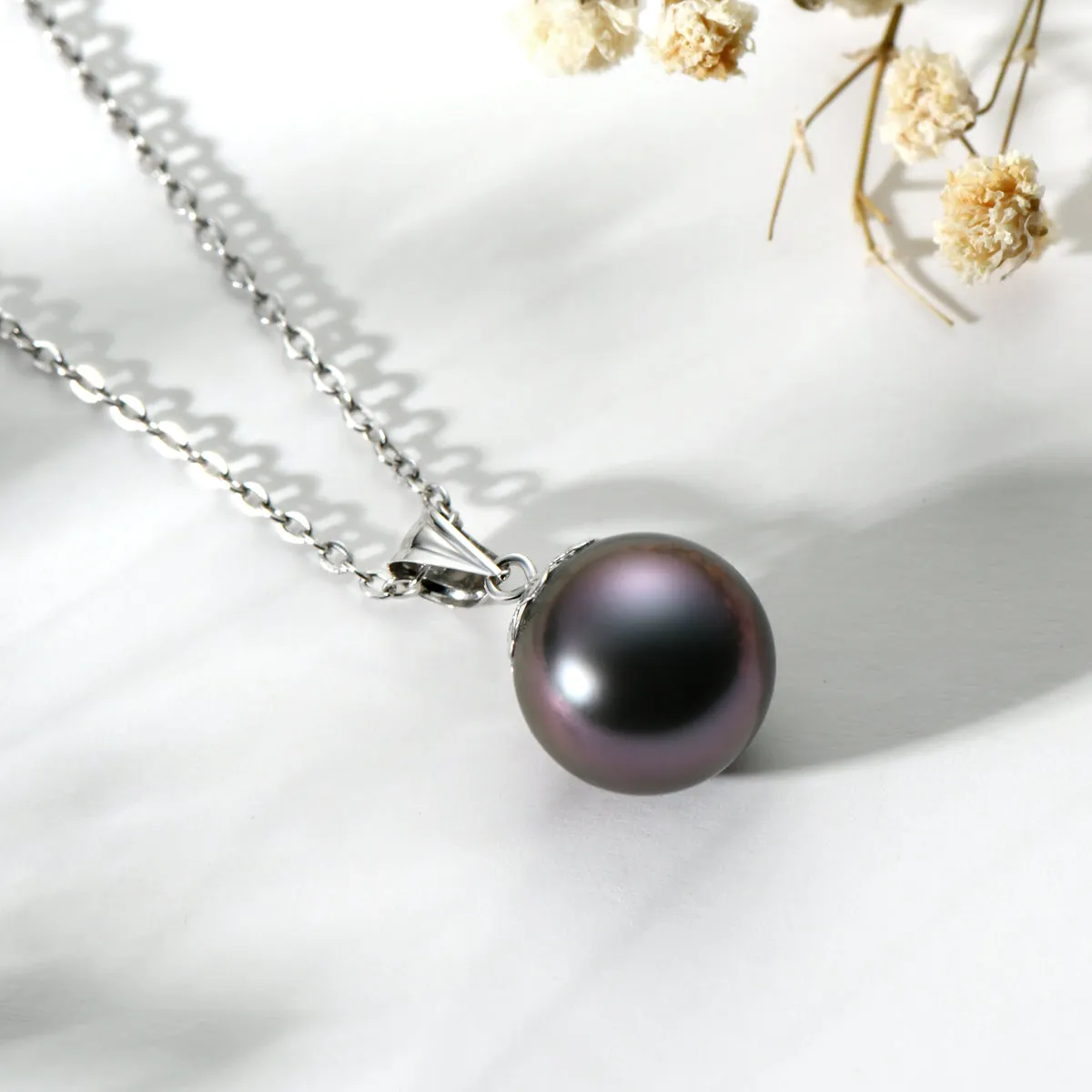 925 Sterling Silver Tahitian Cultured Black Pearl Created White Diamond Pendant Necklace