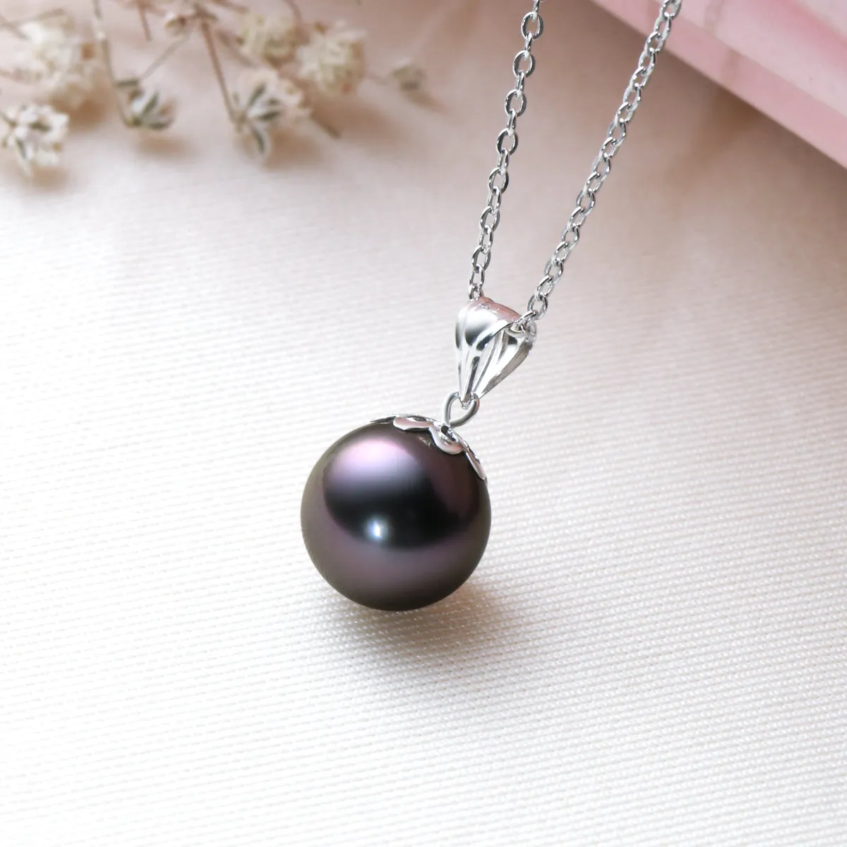 925 Sterling Silver Tahitian Cultured Black Pearl Created White Diamond Pendant Necklace