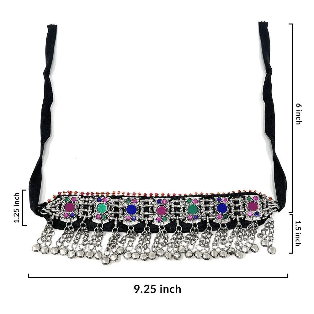 Afghan Tribal Womens Kuchi Oxidized Antique Metal Handmade Bells Choker Necklace in Multicolor Stones - Bohemian Belly Dancing - Duel On Jewel