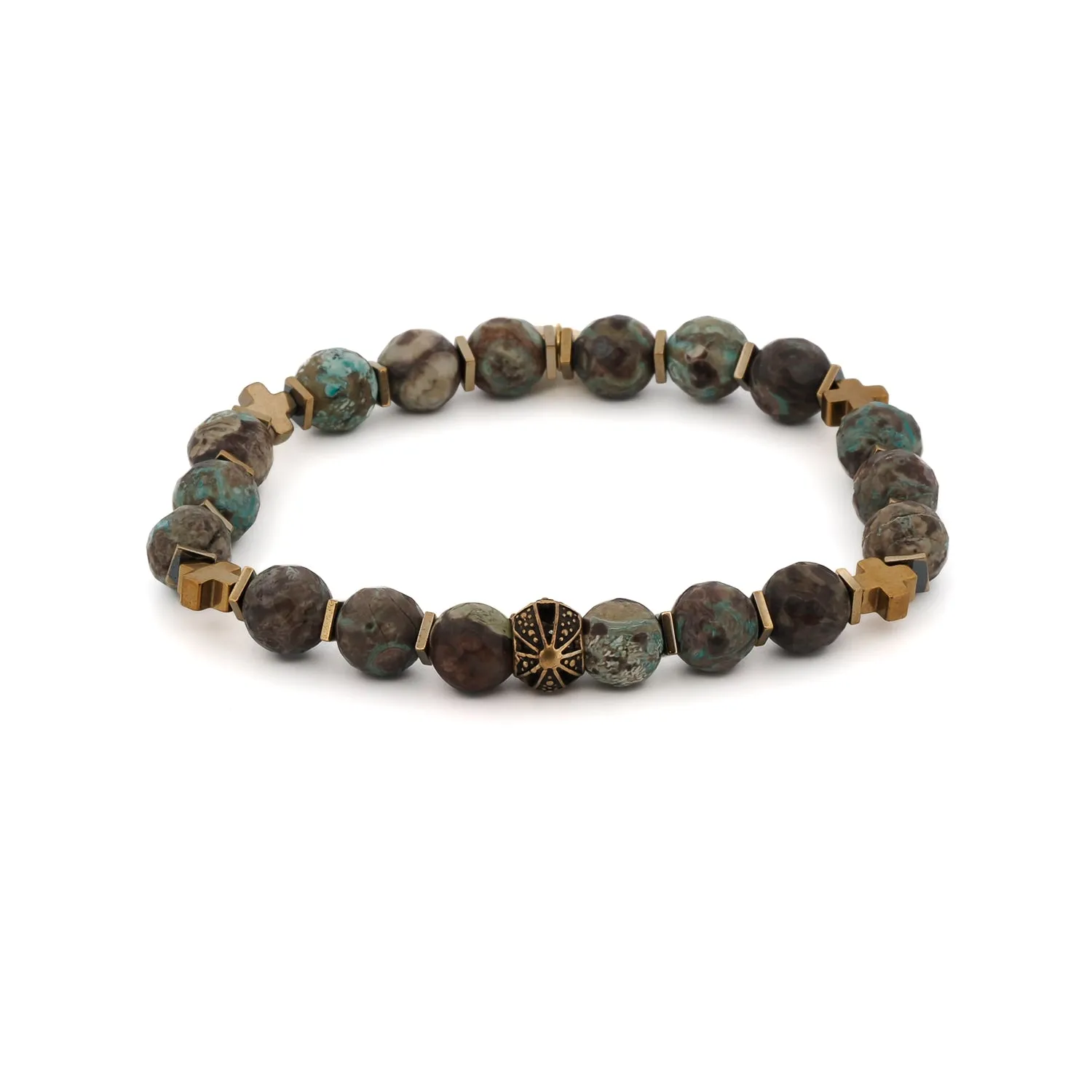 African Turquoise Gold Cross Charm Beaded Bracelet