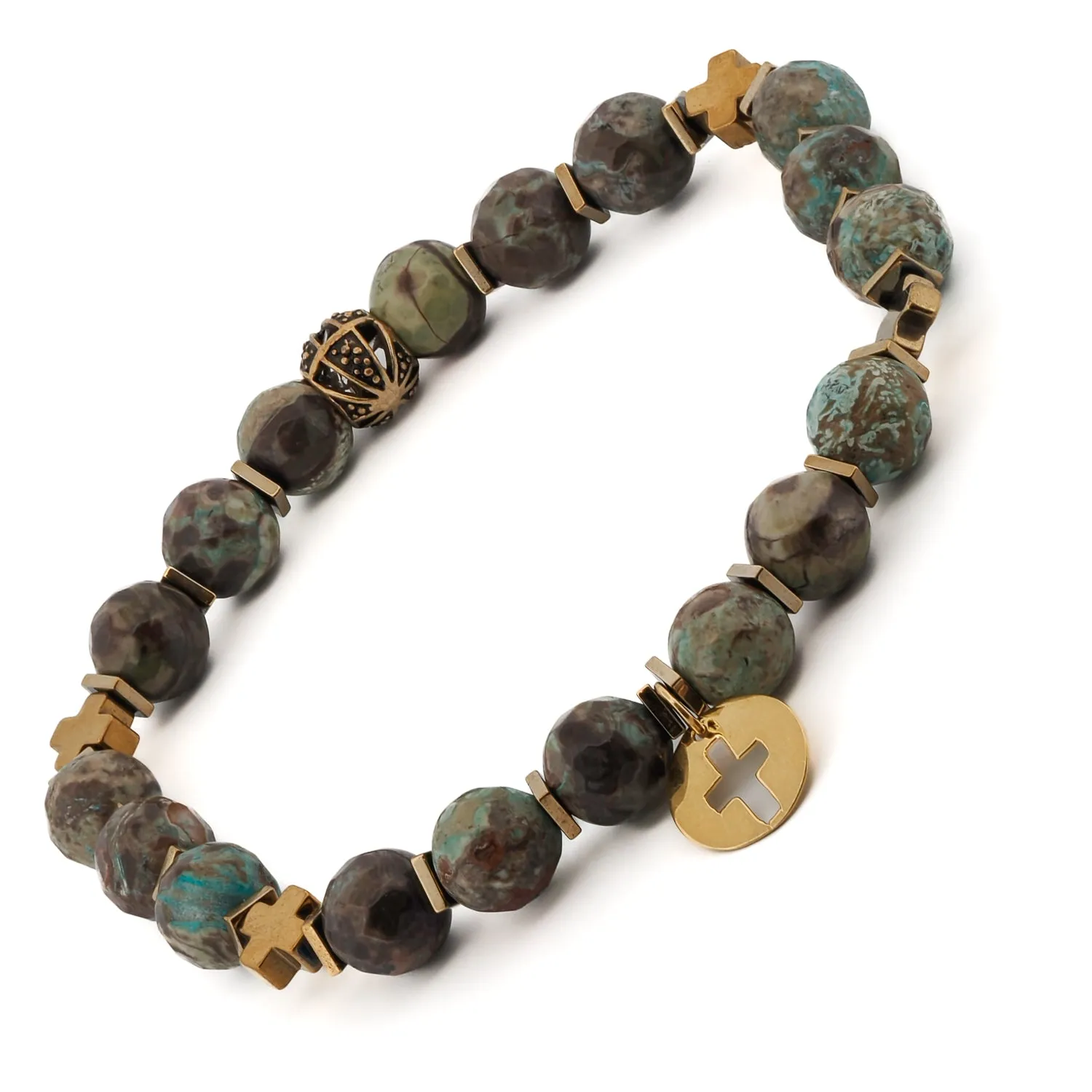 African Turquoise Gold Cross Charm Beaded Bracelet