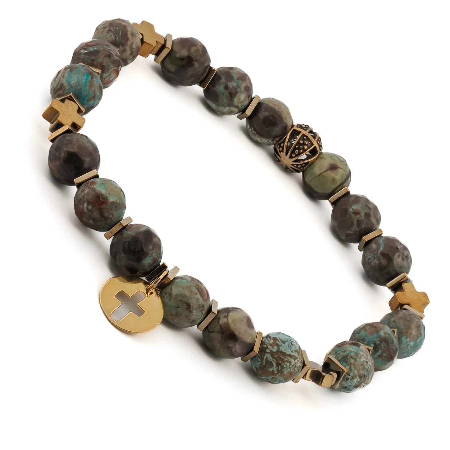 African Turquoise Gold Cross Charm Beaded Bracelet