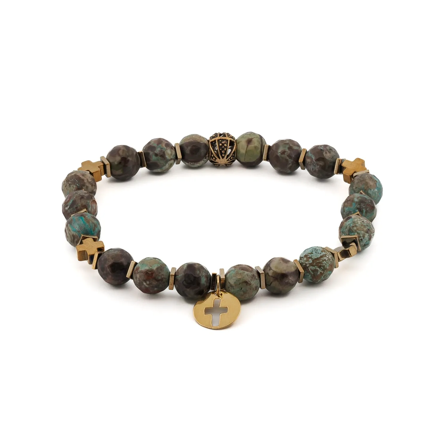 African Turquoise Gold Cross Charm Beaded Bracelet