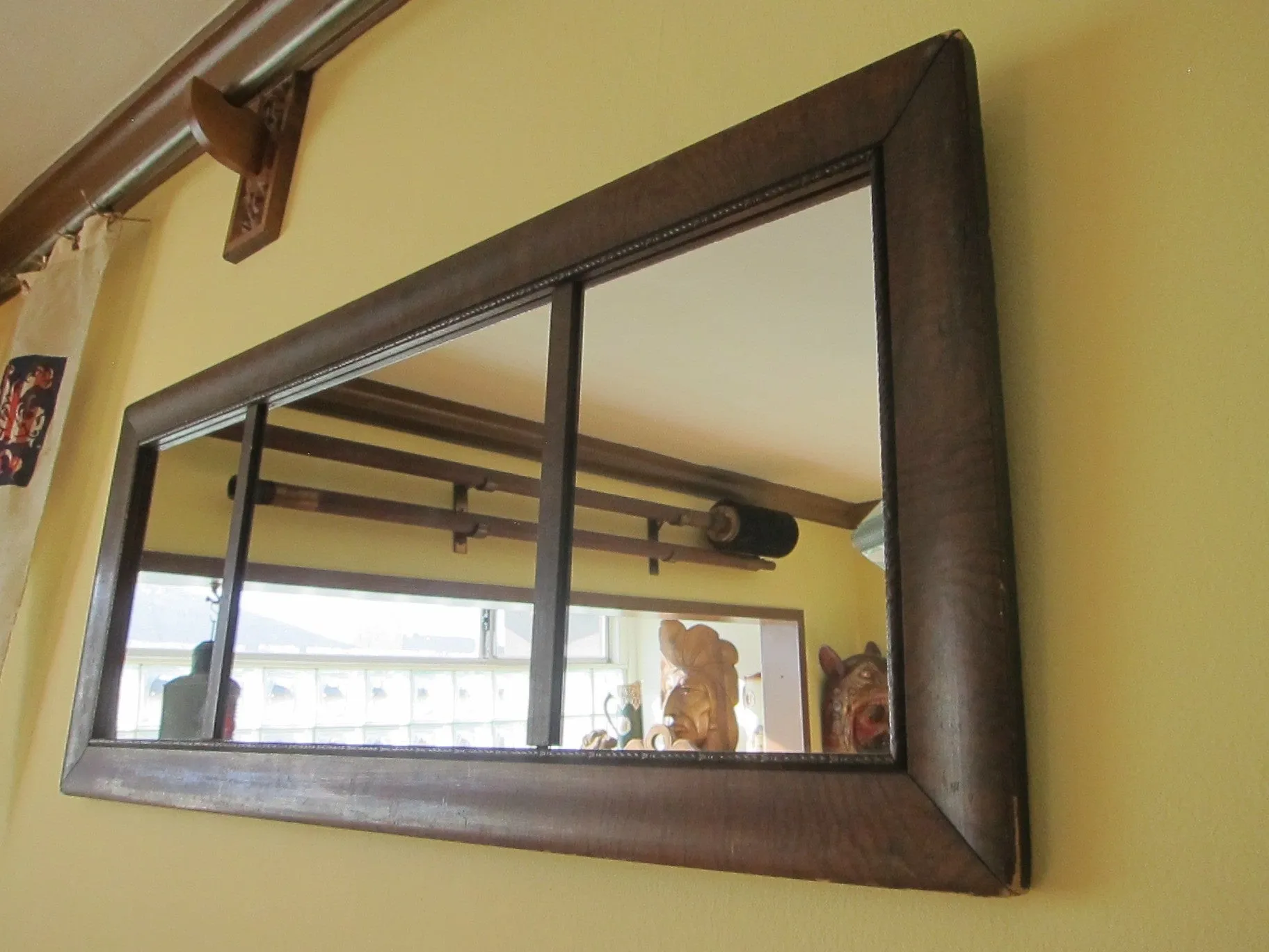 Antique Wooden Framed Long Triptych Hall Mirror