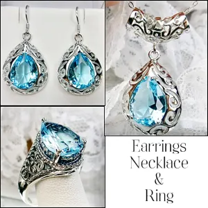 Aquamarine Jewelry Set, Teardrop Art Deco Set includes Ring, Earrings & Pendant #S28